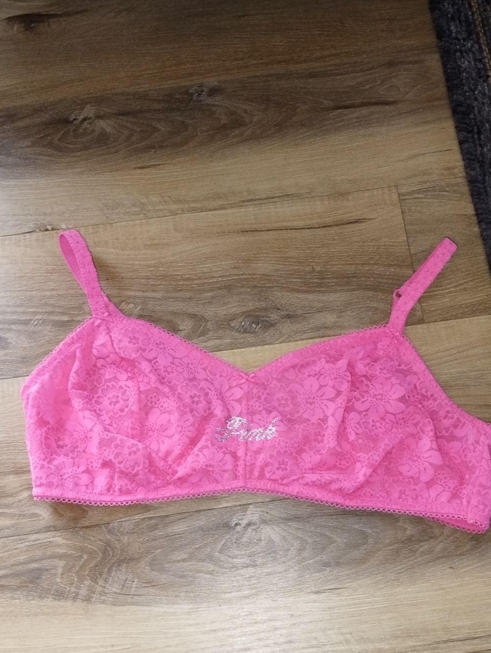 PINK Victoria's Secret Hot Pink Lace Bralette with Rhinestone Logo